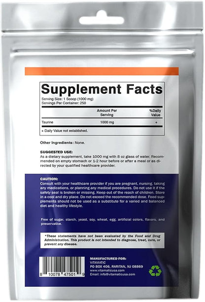 Vitamatic Pure Taurine 1000mg 250 Servings - Non-GMO, Gluten Free