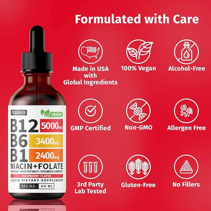 (2 Pack) Vitamin B12 and B6 Liquid Drops, B12 Sublingual Vitamin B Complex - B 12 Vitamin 5000mcg - B12 Methylcobalamin for Energy, Brain, and Heart Support with 27,200 mcg, Raspberry, 80 Servings