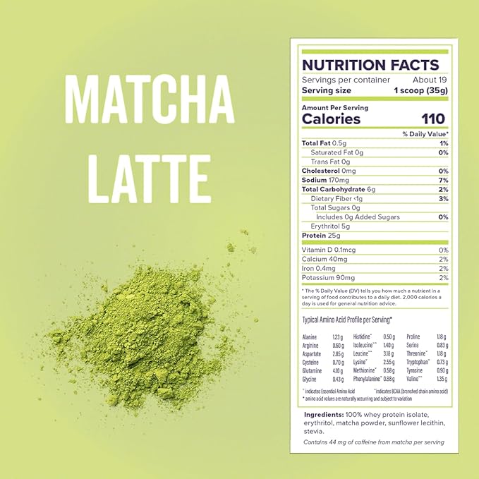 100% Whey Isolate Protein Powder (Matcha Latte), 5.9g BCAAs, Gluten Free, Zero Sugar, Fast Absorbing, Easy Digesting