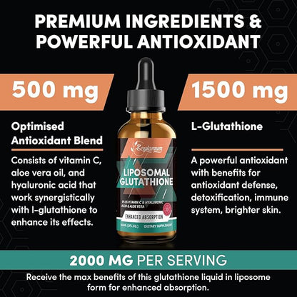 2000MG Liposomal Glutathione Liquid Drops, Ultra High Absorption, Natural Detoxification, Immune System & Skin Supprot*, L-Glutathione, Vitamin C & Hyaluronic Acid, Capsules Alternative, 8.08 OZ