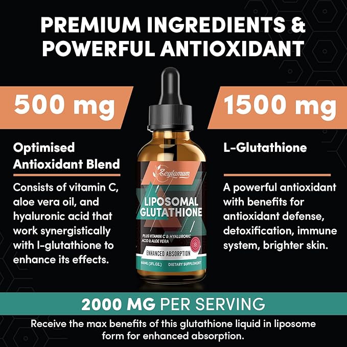 2000MG Liposomal Glutathione Liquid Drops, Ultra High Absorption, Natural Detoxification, Immune System & Skin Supprot*, L-Glutathione, Vitamin C & Hyaluronic Acid, Capsules Alternative, 16.16 OZ