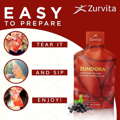 Zurvita - Zundora Collagen - Hydrolyzed-Gel for Healthy Hair, Skin & Nails - Beauty Boost with Verisol - BlackBerry Flavor - Travel Size - 30 Servings