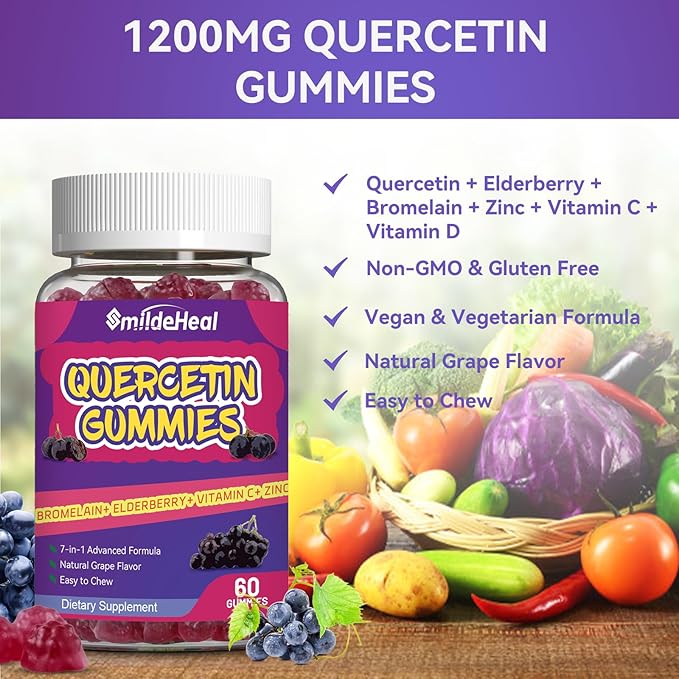 Quercetin Gummies 1200MG, Quercetin Gummies with Bromelain, Zinc Vitamin C, Quercetin Supplement Gummies for Adult & Kid, 60 Vegan Gummies