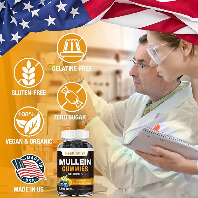 1 Pack Sugar Free Mullein Gummies - Lung Cleanse, 3000MG Mullein Supplement for Respiratory, Organic Mullein Drops Gummy with Quercetin & Bromelain for Lung, Digestive Health & Immune 90Ct