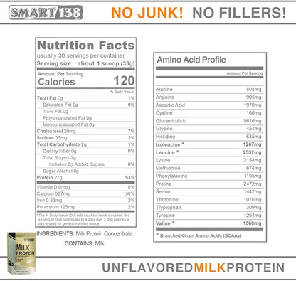 Total Milk Protein - 80% Casein 20% Whey - RBST/rBGH Hormone Free, Gluten-Free, Soy-Free, Non-GMO, USA, Keto Low Carb, Natural BCAAs (1000g / 2.2lbs, Unflavored)