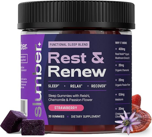 Slumber Rest & Renew Sleep Gummies, Vegan Sleep Aid With Organic Passion Flower, Chamomile, & Pure Reishi Mushroom to Support Relaxation Before Bed, Plant Based, Low Sugar, Strawberry Flavor, 30 Count