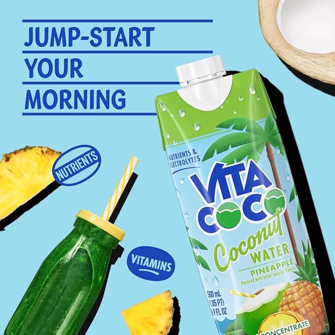 Vita Coco Coconut Water Naturally Hydrating Electrolyte Drink Smart Alternative to Coffee Soda and Sports Drinks Gluten Free, Pineapple, 16.9 Fl Oz (Pack of 12), 202.8 Fl Oz