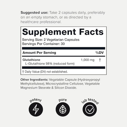 Toniiq Ultra High Strength Glutathione Capsules - 1000mg Concentrated Formula - 98%+ Highly Purified and Bioavailable - Non-GMO Fermentation - 60 Capsules Reduced Glutathione Supplement