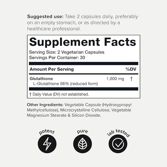 Toniiq Ultra High Strength Glutathione Capsules - 1000mg Concentrated Formula - 98%+ Highly Purified and Bioavailable - Non-GMO Fermentation - 60 Capsules Reduced Glutathione Supplement