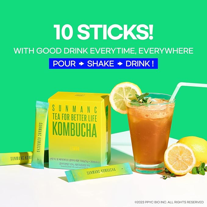 SUNMANC Kombucha 10 packets, Sparkling Probiotic Fermented Drink, Convenient Powdered Drink Mix, Tea Powder, Low Calories, Sugar 0g, Low Caffeine (Lemon)