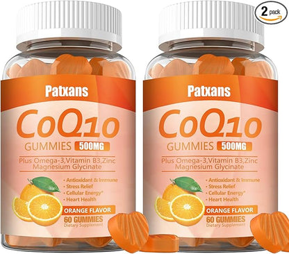 2 Packs 500MG CoQ10 Supplement Gummies, Omega-3, Magnesium, Vitamin B3, Zinc, Ultra High Absorption Provides Healthy Support for Heart, Cell Energy ＆ Antioxidants, 120Cts.
