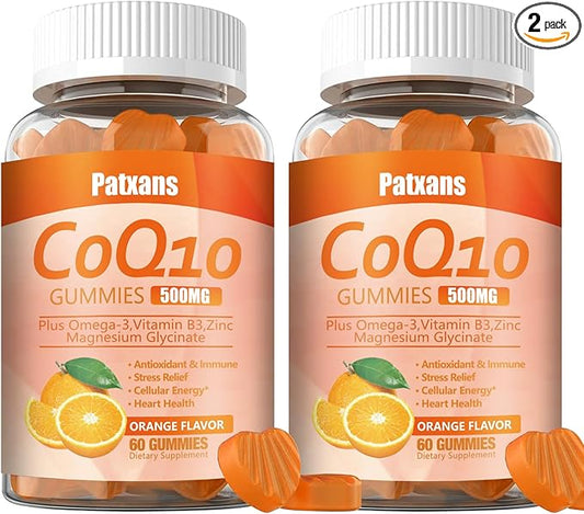 2 Packs 500MG CoQ10 Supplement Gummies, Omega-3, Magnesium, Vitamin B3, Zinc, Ultra High Absorption Provides Healthy Support for Heart, Cell Energy ＆ Antioxidants, 120Cts.
