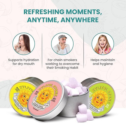 Xylitol Stone Sugar Free Candy - Vegan & Keto Friendly Unique Hard Candy - 100% Natural Flavor Candies - Gluten Free & Non-GMO Breath Freshener Mints - Pack of 3 (Strawberry, Green Grape, Lemon)