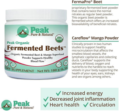Peak Pure & Natural Peak Organic Fermented Beets - Organic Fermented Beet Powder Superfood Drink Powder - Nitric Oxide Supplement Support for Normal Blood Pressure