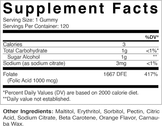 Vitamatic Folic Acid Gummies 1000 mcg (1 mg) – Essential Prenatal Vitamin B9 for Mom & Baby – 120 Vegan Gummies per Bottle – 2 Pack