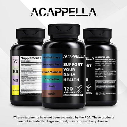 ACAPPELLA Nattokinase, Serrapeptase, Lumbrokinase Supplement, Bromelain, Amla, Rutin with Vitamin C & B6 Capsules (1)