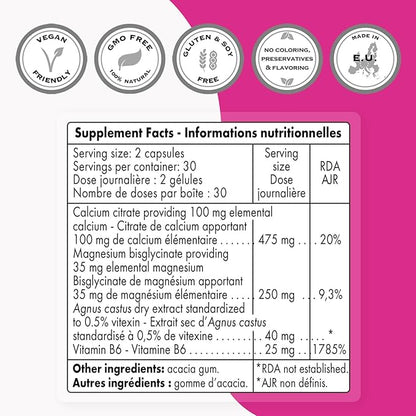 SuperSmart - Premenstrual Comfort (Advanced Formula) - Vitex Chasteberry Supplement for Women - Vitex Agnus-Castus & Vitamin B6 | Non-GMO & Gluten Free - 60 Vegetarian Capsules
