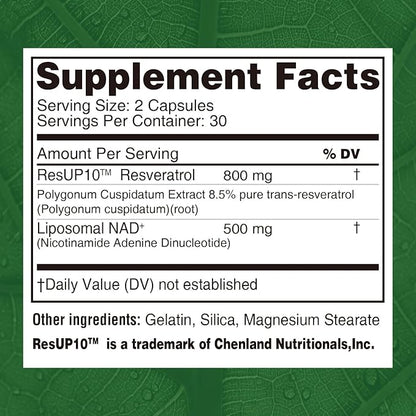 500mg Liposomal NAD+ Supplement, 800mg ResUP10 Resveratrol Complex, Support Aging Health & Cellular Energy, Cardiovascular Supplements,Antioxidant Formula for Men & Women, 30 Servings