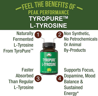TyroPure L Tyrosine Supplement. More Bioavailable, Cleaner Version of L-Tyrosine. Vegan, Naturally Fermented 500mg Capsules for Mental Clarity, Dopamine. Mood Support for Women and Men