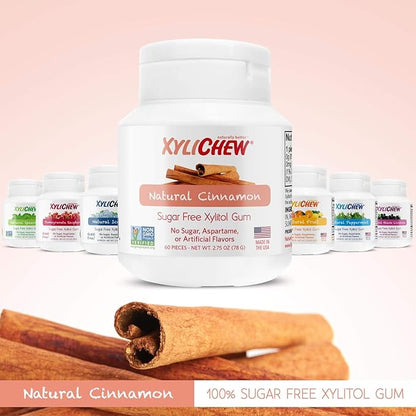 Xylichew 100% Xylitol Chewing Gum - Non GMO, Non Aspartame, Gluten Free, and Sugar Free Gum - Natural Oral Care, Relieves Bad Breath and Dry Mouth - Cinnamon, 60 Count