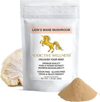 Addictive Wellness Lions Mane Supplement Powder, Premium Quality Lions Mane Mushroom Powder Dual-Extract Nootropic, Sugar Free, Vegan & Paleo Friendly Lion's Mane Mushroom Supplement - 1500 mg