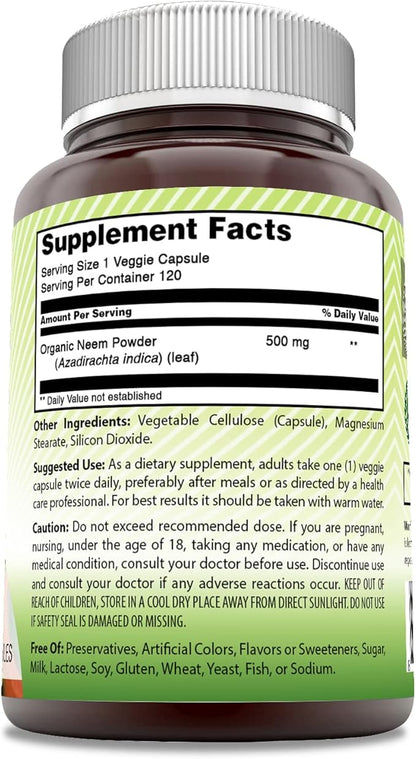 Amazing India Neem (Made with Natural Neem Leaf) Supplement | 500 Mg | 120 Veggie Capsules | Non-GMO | Gluten-Free | Made in USA