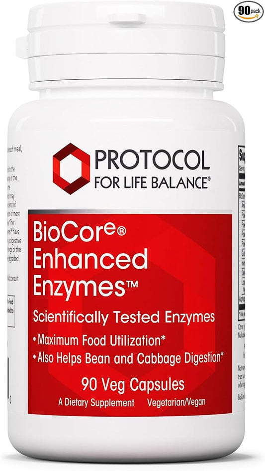 Protocol BioCore Enhanced Enzymes - Helps Digest Beans & Cruciferous Vegetables* - Digestion Supplement* - Amylase & Lipase - Kosher & Vegan - 90 Veg Capsules