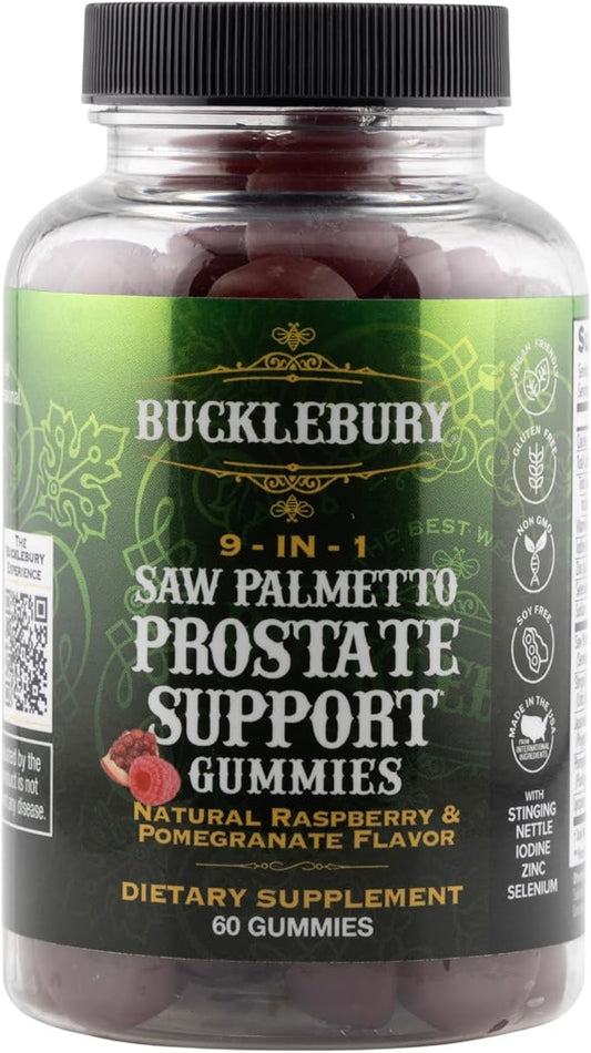 9-in-1 Saw Palmetto Gummies for Prostate and Urinary Support - Natural Raspberry and Pomegranate Flavour Plant-Based Dietary Supplement for Bladder Emptying and Hair Loss - 60 Gummies