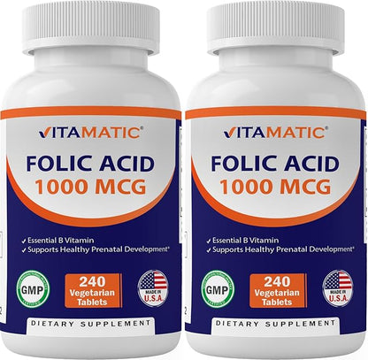 Vitamatic Folic Acid 1000 mcg (1 mg) – 240 Vegetarian Tablets (Pack of 2) 1667 mcg DFE – Vitamin B9 for Prenatal, Heart & Cellular Health