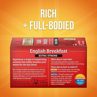 Twinings Extra Strong English Breakfast Black Tea Individually Wrapped Bags, 20 Count (Pack of 6), Robust, Caffeinated, Enjoy Hot or Iced, 120 Teabags