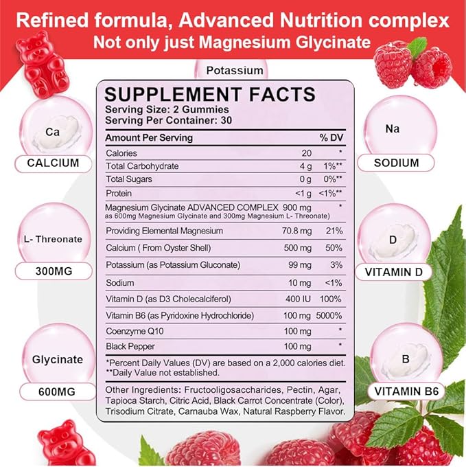 900mg Magnesium Complex 65 Raspberry Gummies, Sugar Free Magnesium Glycinate & L-Threonate Potassium Supplement with Vitamin D, B6, CoQ10 for Relaxation