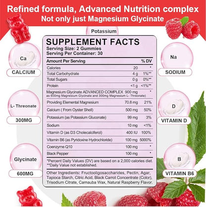 900mg Magnesium Complex 65 Raspberry Gummies, Sugar Free Magnesium Glycinate & L-Threonate Potassium Supplement with Vitamin D, B6, CoQ10 for Relaxation
