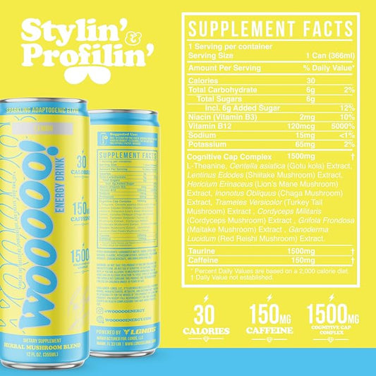 Wooooo! Energy Ric Flair Sparkling Adaptogenic Mushroom Energy Drink | Natural Antioxidants & Nootropics | Lion’s Mane & Cordyceps | 150mg Caffeine | 12 Pack (Lemon)