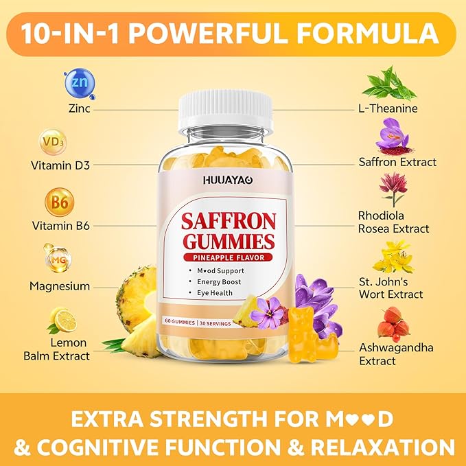 10-IN-1 Saffron Gummies, Sugar Free Saffron Supplements with Ashwagandha, L-Theanine, Rhodiola Rosea, Vitamin D3, B6, Magnesium & Zinc for Mood, Energy, Focus Support, Pineapple Flavor, 60 Count