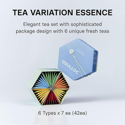 OSULLOC TEA VARIATION ESSENCE (42 Count, 6 Types x 7 ea), Assorted Tea bag Sampler, Exceptional Designed Variety Tea gift Set, Premium Tea sets from Jeju Island tea farm