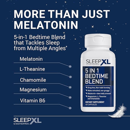 SleepXL Sleep Supplement Non-Habit-Forming Formula - Fall Asleep Faster & Sleep Longer - 5 key ingredients include Melatonin, L-Theanine, Chamomile, Magnesium & Vitamin B6 (60 Capsules, 30 Servings)