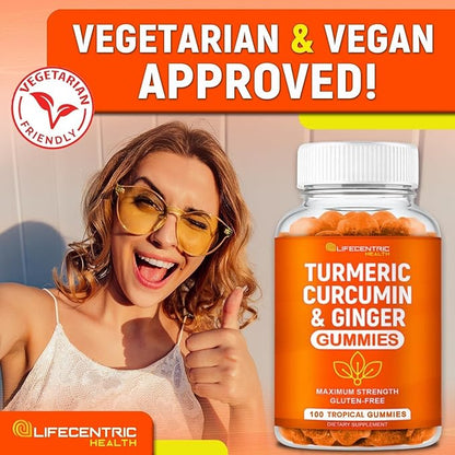 Turmeric Gummies for Adults and Kids | Max Strength Turmeric and Ginger Supplement | Vegan Organic Natural Turmeric Curcumin Gummies for Overall Health | Best Curcumin Supplement with Ginger