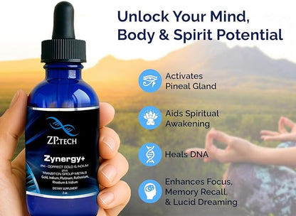 Zynergy Plus Colloidal Ormus Gold Liquid | All Natural, Pure Monoatomic 24k Food Grade Mineral Au & Indium | Ormus Gold Oil Supports Pineal Gland, Anti-Aging, Meditation, Yoga, Third Eye