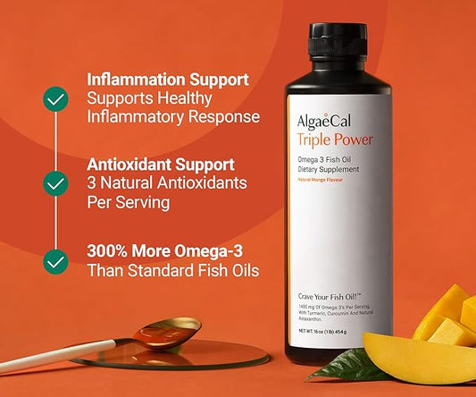 ALGAECAL Triple Power: 1200mg EPA & DHA Omega-3s Fish Oil Supplement, Supporting Brain, Heart, Skin & Bones, and Omega-3 Home Test Kit: Easy at-Home Testing with Pre-Paid Return Envelope