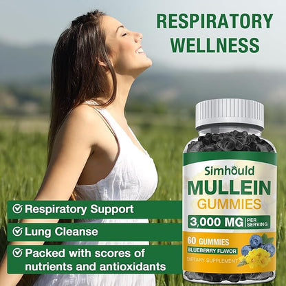 2 Pack Sugar Free 3000MG Mullein Gummies - Lung Cleanse, Mullein Leaf Extract Supplement for Respiratory, Organic Mullein Drops with Quercetin & Bromelain for Lung, Digestive Health & Immune
