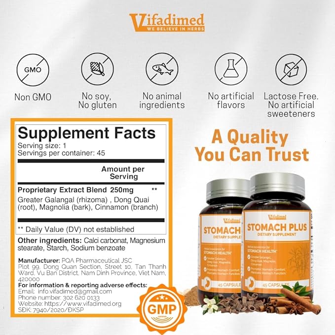 Stomach Plus - for Stomach, Gastritis, Stomach Lining Repair, Acid Reflux, Heartburn, Indigestion, with Galangal, Dong Quai, Cinnamon & Magnolia-90capsules