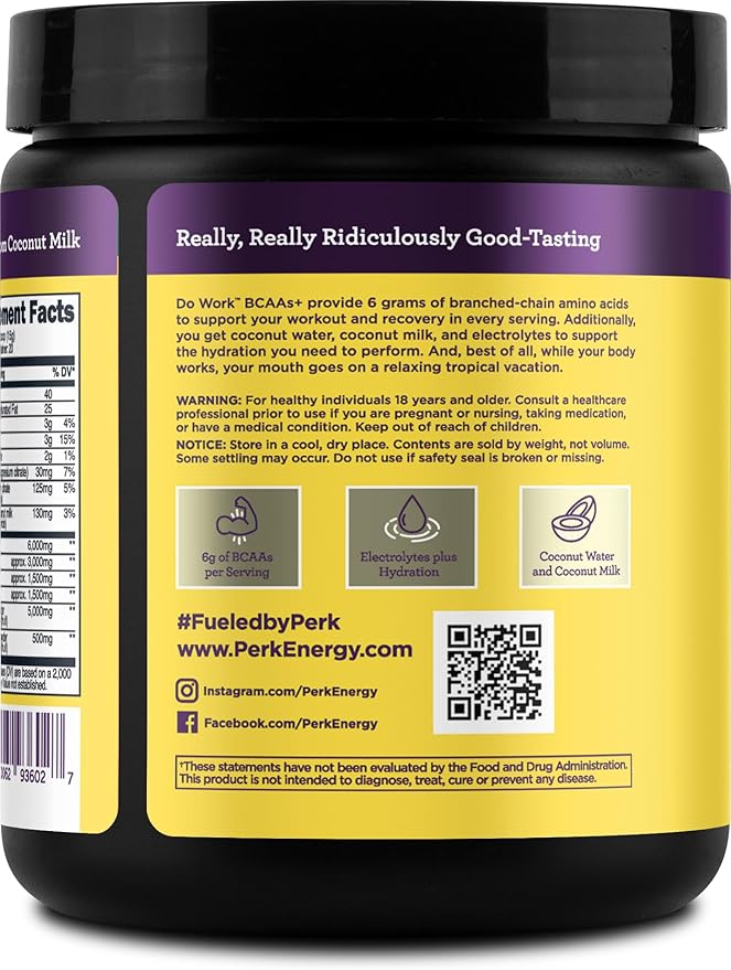 Perk Do Work BCAAs + Hydration Electrolytes Powder (Naturally Sweetened Lemon Tart Flavored, 20 Servings) - with Coconut Water & Coconut Milk