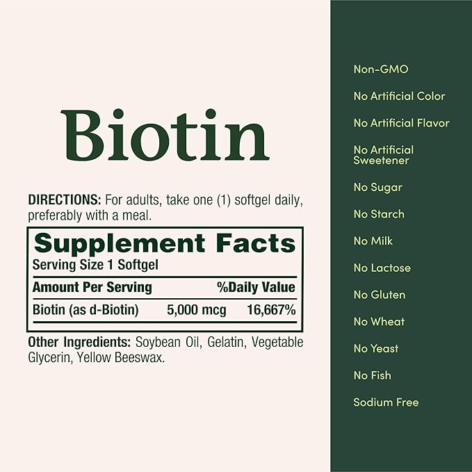 Nature's Bounty Biotin, Vitamin Supplement, Supports Metabolism for Cellular Energy and Healthy Hair, Skin, and Nails, 5000 mcg, 150 Softgels