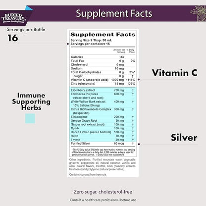 Buried Treasure ACF Immune Support - 16 oz, 16 Servings, Vitamin C, Elderberry, Zinc, Liquid Immune Booster with Vitamins and Minerals w/ Dose Cup