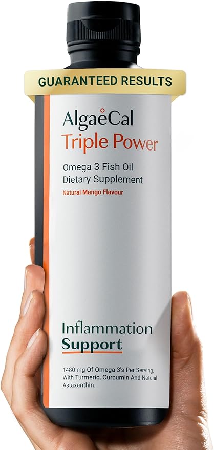 ALGAECAL Triple Power 1200mg EPA & DHA Omega 3 Fish Oil Supplement, Supporting Brain, Heart, Skin & Bones, Liquid Emulsion Mango Taste, Burp-Less, Sugar-Free, Made in USA