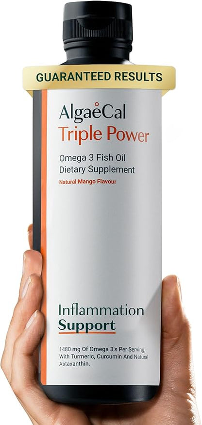 ALGAECAL Triple Power 1200mg EPA & DHA Omega 3 Fish Oil Supplement, Supporting Brain, Heart, Skin & Bones, Liquid Emulsion Mango Taste, Burp-Less, Sugar-Free, Made in USA