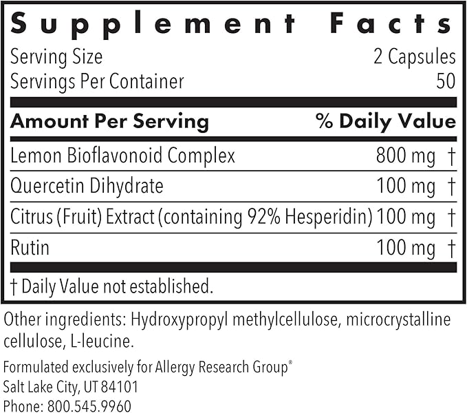 Allergy Research Group Quercetin Bioflavonoids - Lemon Bioflavonoid Complex, Rutin, Citrus Extract, Hesperidin, Vegetarian Capsules - 100 Count