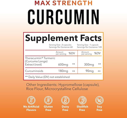 Theracurmin Turmeric Curcumin Supplement, 120 Count, High Absorption Turmeric & Curcumin - Joint Supplement for Men and Women - 42.6X More Bioavailablity