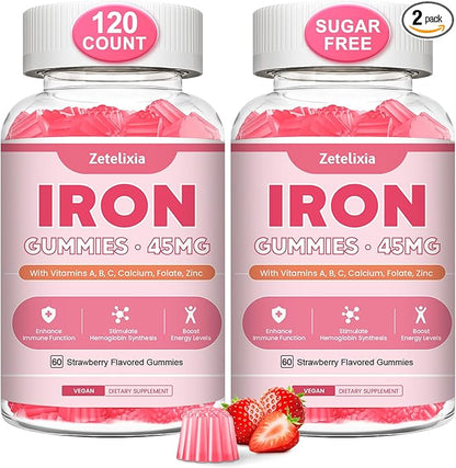 Vegan 2 Pack Iron Supplement Gummies for Women & Men, Anemia, Blood Builder & Energy Support for Iron Deficiency, with Vitamin C, A, B Complex, Folate, CoQ10, Sugar Free, Non-GMO, 120 Count