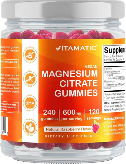 Vitamatic Magnesium Citrate Gummies 600mg per Serving - 240 Vegan Gummies - Natural Raspberry Flavor - High Absorption Magnesium Supplement - Supports Nerve, Bone and Muscle Health
